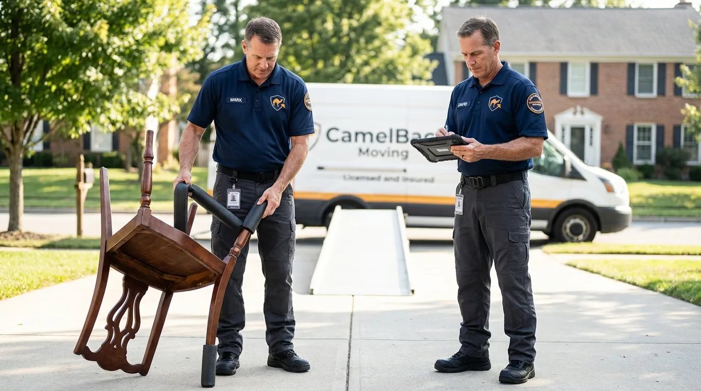 Movers inspecting furniture for damage prevention before loading in Roswell, GA