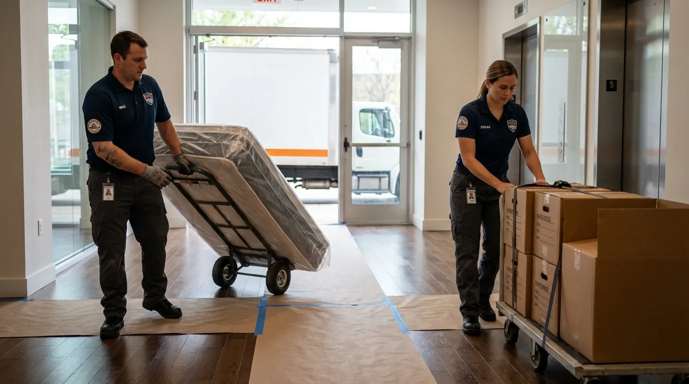 Professional apartment movers loading elevator in Roswell, GA
