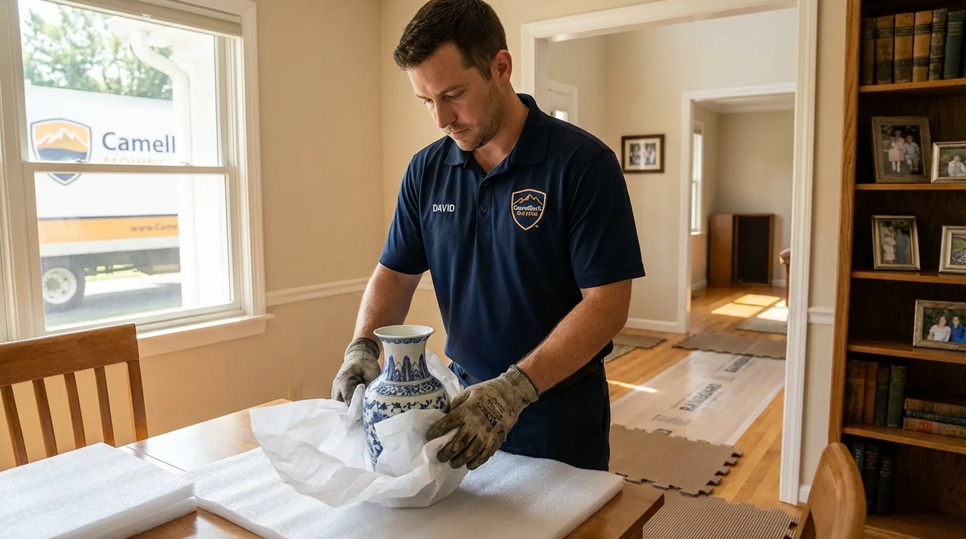 Professional crew carefully wrapping antique vase for senior downsizing move in Roswell, GA